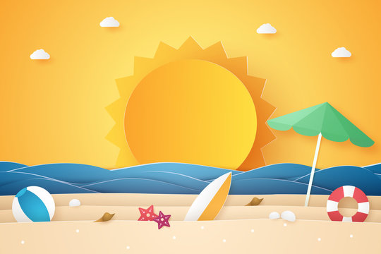 Summer time , sea and beach with stuff  , paper art style