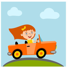  Funny girl in cartoon style rides fast on an orange car.