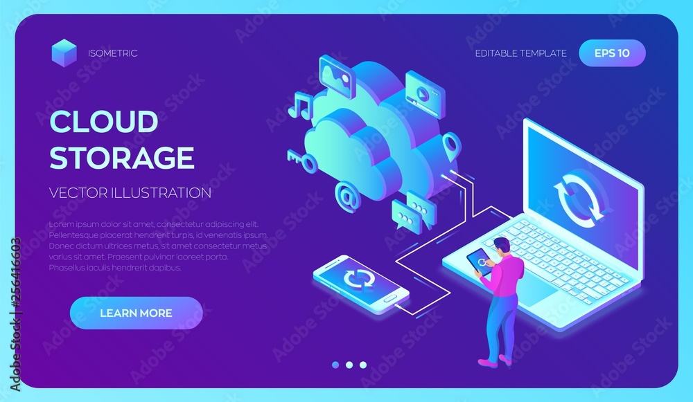 Poster cloud storage. cloud computing technology isometric concept with laptop and smartphone icons. user m