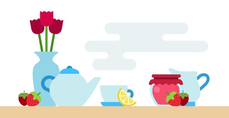 Tea set of dishes with flowers and jam vector icon flat isolated