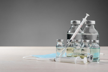 Vials, bottles, syringes and mask