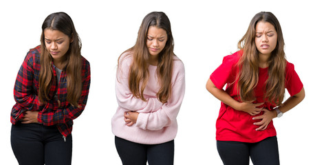 Obraz premium Collage of beautiful young woman over isolated background with hand on stomach because nausea, painful disease feeling unwell. Ache concept.