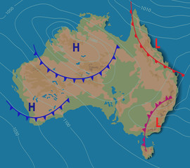 Weather forecast of Australia. Meteorological weather map of the AUSTRALIA. Realistic synoptic map with aditable generic map showing isobars and weather fronts. Topography and physical map. - obrazy, fototapety, plakaty