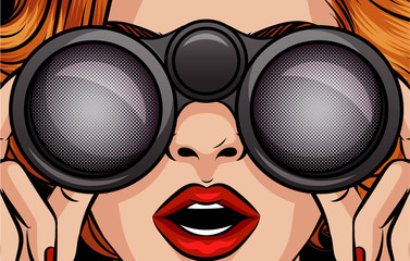 Color vector pop art style illustration of a girl looking through binoculars. Female surprised face close up. A woman is holding binoculars in her hands. Design for discounts, sales for women.