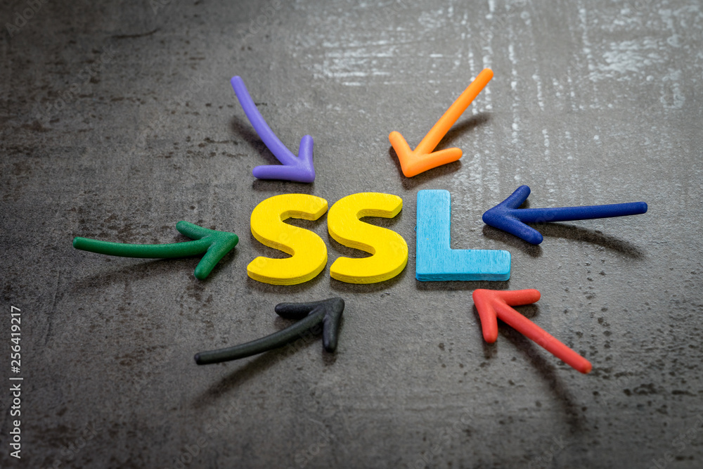 Aufkleber ssl, secure sockets layer concept, multi color arrows pointing to the word ssl at the center of blac