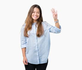 Young beautiful brunette business woman over isolated background showing and pointing up with fingers number four while smiling confident and happy.