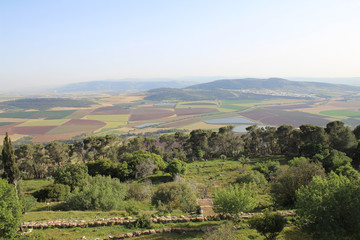 Mount Tabor in the Lower Galilee region of Northern Israel, Jezreel Valley, Afula, Tiberias, Israel. The Church of the Transfiguration and the Franciscan Monastery, nature, details and surroundings