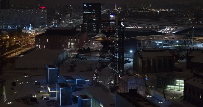 Aerial drone view establish shot of Katowice City Centre Spodek Silesia Poland