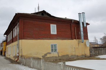 Facade of an old building in the ancient Russian city of Torzhok, Russia