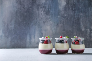 Homemade classic dessert Panna cotta with raspberry and blueberry berries and jelly in jars,...