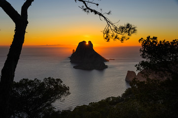 Panoramic view of the islet of the "Es Vedra" in Ibiza. Es Vedra is closely related to the magic of the island and is an icon of Ibiza. Visited by thousands of tourists