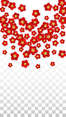 Vector Realistic Red Flowers Falling on Transparent Background.  Spring Romantic Flowers Illustration. Flying Asian Rose Spa Design. Blossom Confetti. Design Elements for Wedding Decoration.