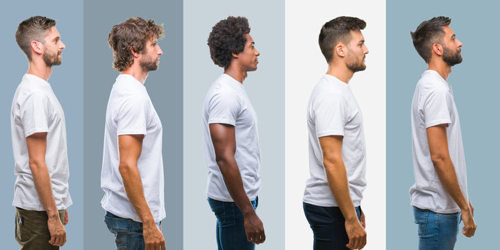 Collage of group of handsome hispanic, indian and arab men over vintage background looking to side, relax profile pose with natural face with confident smile.