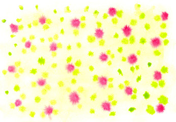 Abstrct watercolor spot with droplets, smudges, stains, splashes. Bright aquamarine yellow and reg color blot in grunge style. To design and decor backgrounds, banners, flyers.