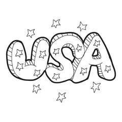 Cartoon doodle illustration of lettering USA, word United States of America for coloring book, t-shirt print design, greeting card