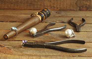 Rings and tools on wood