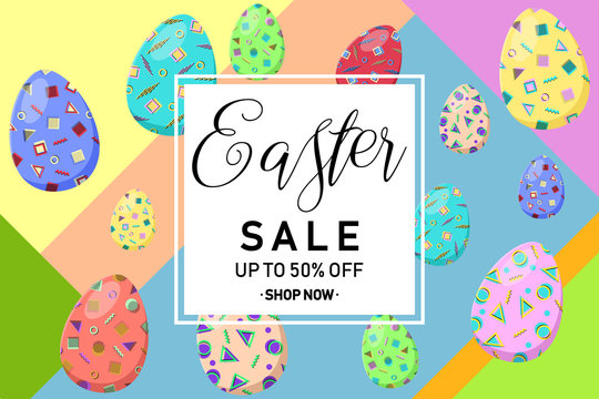 Easter sale lettering with colorful Easter eggs in memphis style. Template for Easter sale design. Vector illustration.