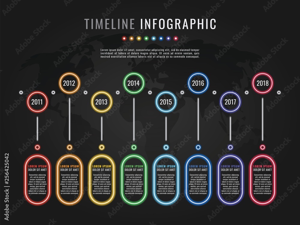 Poster timeline infographic template with round neon glow elements and text boxes on dark background with w