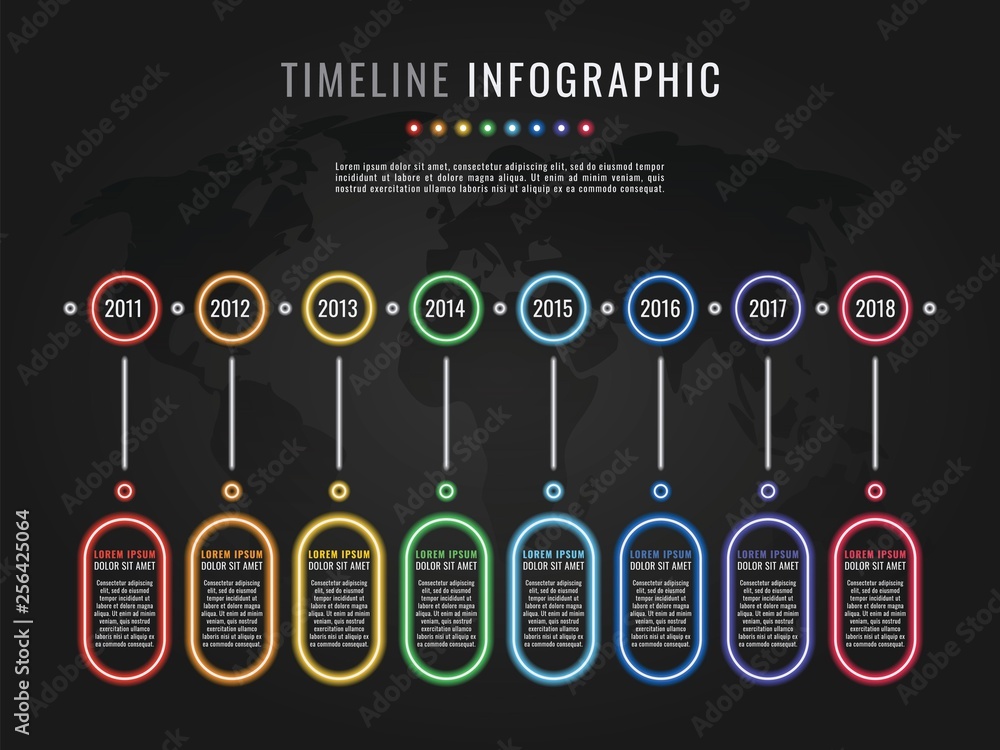 Poster timeline infographic template with round neon glow elements and text boxes on dark background with w