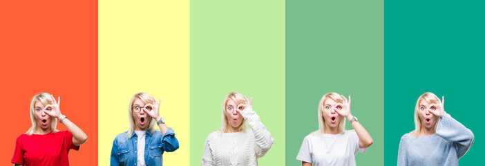 Collage of beautiful blonde woman over vivid vintage isolated background doing ok gesture shocked with surprised face, eye looking through fingers. Unbelieving expression.