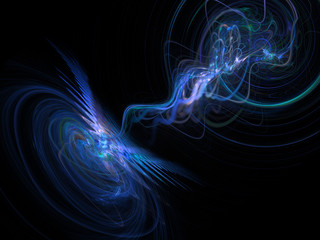 Scientific futuristic 3d illustration on a dark background of the flow of cosmic energy. Extraterrestrial energy and matter in space, its transfer in space. Future technology, research and discovery.