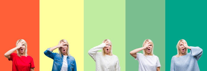 Collage of beautiful blonde woman over vivid vintage isolated background peeking in shock covering face and eyes with hand, looking through fingers with embarrassed expression.