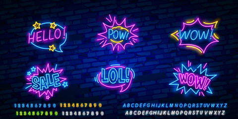 Big set of Comic speech bubble with expression text Wow, Pow, Hello, LOL, SALE. OMG. Design template neon sign, light banner, neon signboard, light inscription. Vector illustration - obrazy, fototapety, plakaty