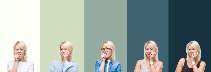 Collage of beautiful blonde woman over green vintage isolated background looking stressed and nervous with hands on mouth biting nails. Anxiety problem.