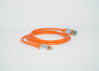 orange cable on white background, cable with 8 pin connector