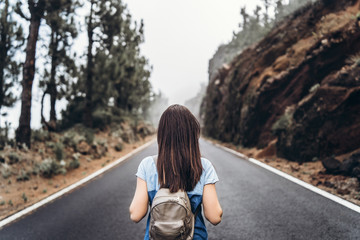 Rear view of long hair brunette girl walking on the foggy road in the mountains