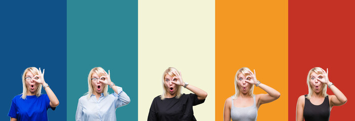 Collage of beautiful blonde woman over colorful vintage isolated background doing ok gesture shocked with surprised face, eye looking through fingers. Unbelieving expression.