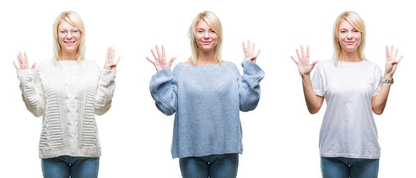 Collage of beautiful blonde woman wearing winter sweater over isolated background showing and pointing up with fingers number nine while smiling confident and happy.