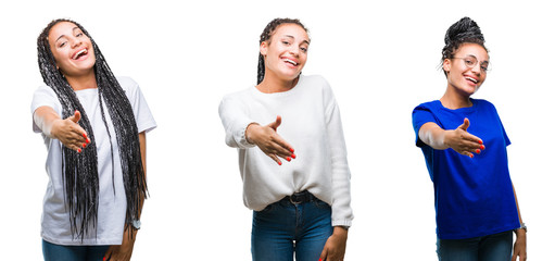 Obraz premium Collage of beautiful braided hair african american woman over isolated background smiling friendly offering handshake as greeting and welcoming. Successful business.