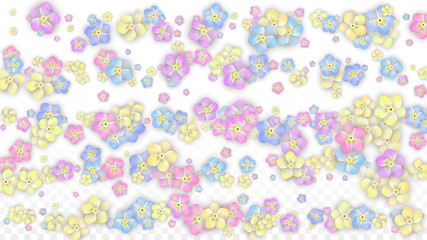 Colorful Vector Realistic Petals Falling on Transparent Background.  Spring Romantic Flowers Illustration. Flying Petals. Sakura Spa Design. Blossom Confetti. Design Elements for Wedding Decoration.