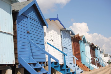 Beach huts at Walton on the Naze, Beach Huts, Essex, England,  beach huts are traditional seaside feature for people to change or base themselves. Walton-on-naze, Essex, UK