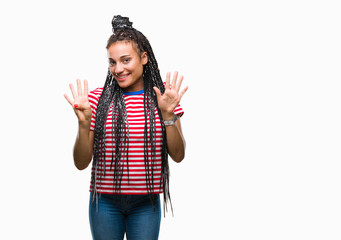 Young braided hair african american girl over isolated background showing and pointing up with fingers number nine while smiling confident and happy.