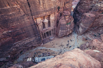 View on Al Khazneh - commonly called The Treasury, one of the most famous buildings in Petra ancient rock city in Jordan