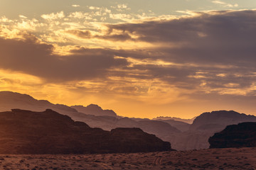 Evening view from so called Um Sabatah - popular place for watching sunset in Wadi Rum desert, Jordan