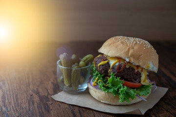 Hamburger, cheese, tomatoes, onions, turnips and custard.
