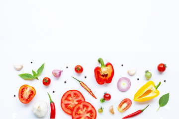 Various fresh vegetables and herbs on white. Healthy eating concept