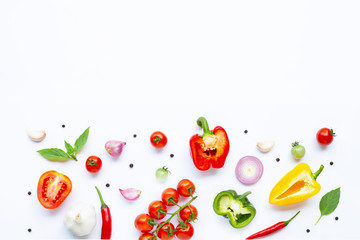 Various fresh vegetables and herbs on white. Healthy eating concept