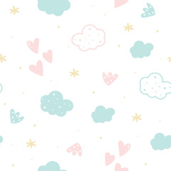 Cute hand drawn clouds and stars Seamless pattern. vector illustration.