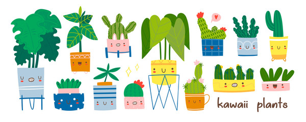 Various kawaii home plants with face emotions. Monstera, rubber plant and cacti. Indoor potted plants. Hand drawn trendy set. Cartoon flat vector illustration. Home decor. All elements are isolated