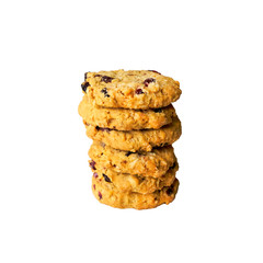 Stack of oats and cranberry cookies isolated on white background