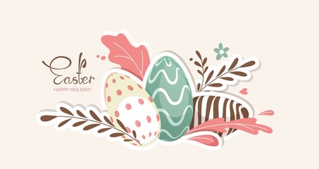 Colorful easter eggs with floral elements. Happy easter greeting card. Vector illustration