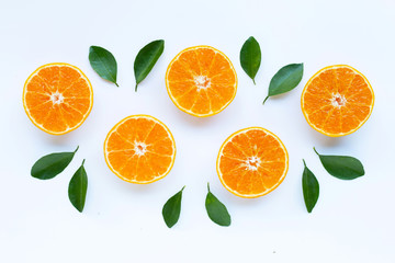 High vitamin C, Orange fruits with leaves on white background.