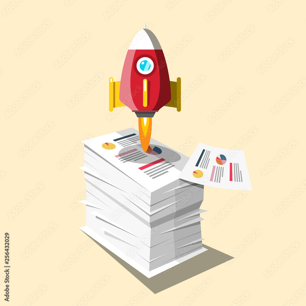 Poster graphs on business documents heap with rocket launch vector design
