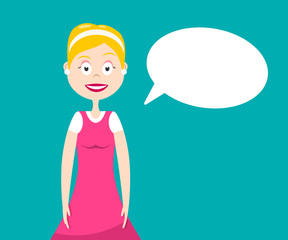 Happy Young Smiling Assistant Woman in Pink Clothes with Empty Speech Bubble Vector Flat Design Illustration