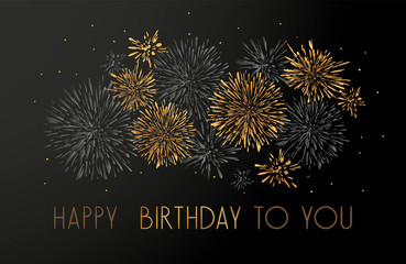 Happy Birthday greeting card with lettering design. Grey and golden glitter fireworks black background.