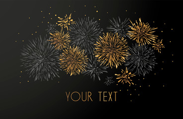 Template design of invitation with gold fireworks. Festive design postcards, invitations, brochures, cover, border. element for design. Design element for elegant festive projects and awards 